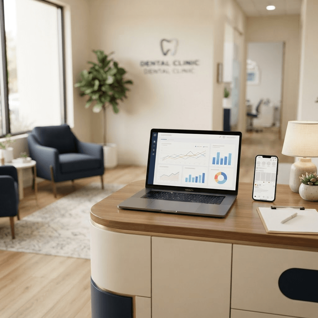 Digital Marketing Strategies in Modern Dental Practices — analytics and social media on a dental clinic front desk