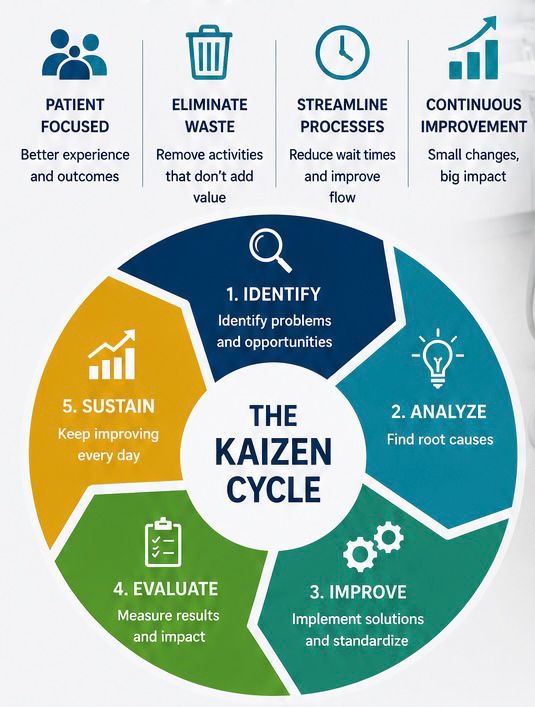 The Kaizen Cycle: Identify problems, Analyze root causes, Improve and standardize, Evaluate results, Sustain progress — applied to dental practice